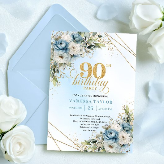 Invitation Charming Boho Blue Floral Eucalyptus 90th Birthday