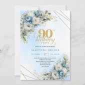 Invitation Charming Boho Blue Floral Eucalyptus 90th Birthday (Devant)