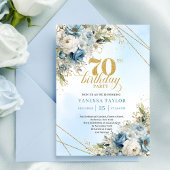 Invitation Charming boho blue florals gold frame 70th birthda