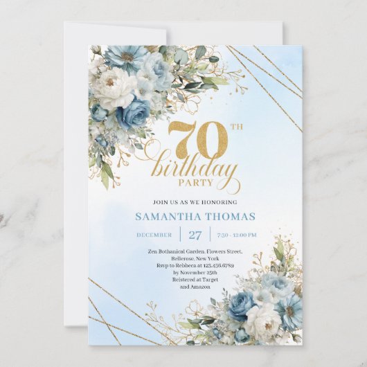 Invitation Charming boho blue florals gold frame 70th birthda (Devant)