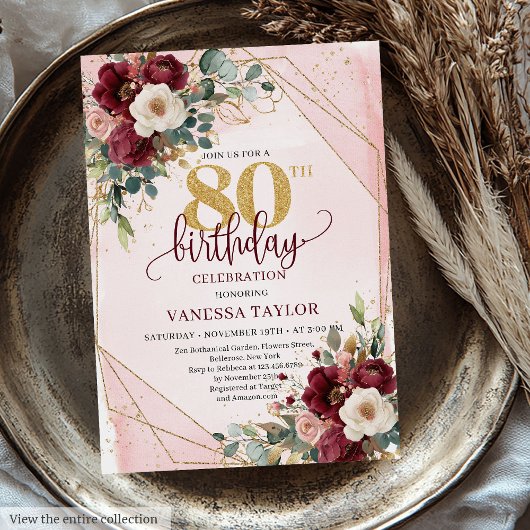 Invitation Charming Boho Dark Red Gold Roses 80e anniversaire
