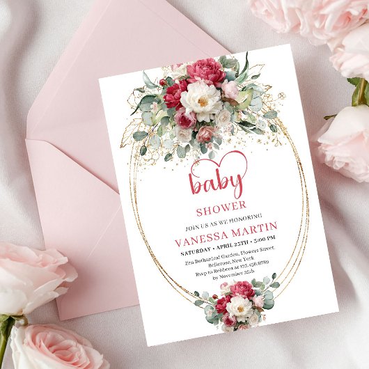 Invitation Charming Boho Ruby Red Blush Gold Baby Shower