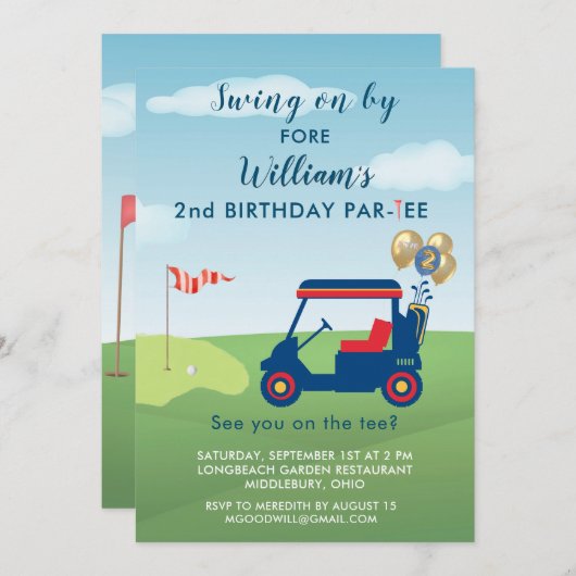 Invitation Charming Boy Golf Cart Par tee 2e anniversaire (Devant / Derrière)