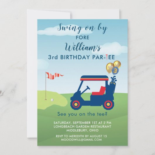 Invitation Charming Boy Golf Cart Par tee 3e anniversaire (Devant)