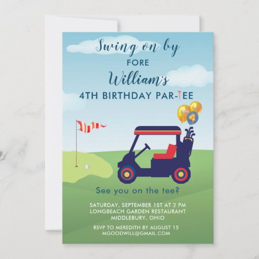 Invitation Charming Boy Golf Cart Par tee 4e anniversaire (Devant)