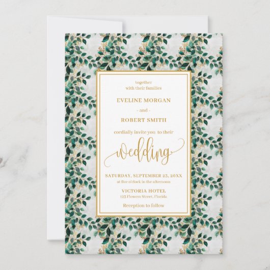 Invitation Charming Charming Green Gold Eucalyptus Mariage (Devant)