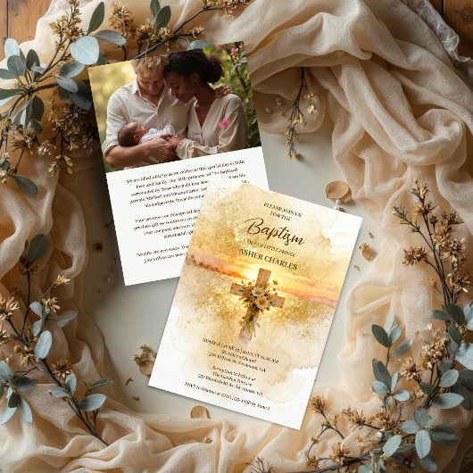 Invitation Charming Christian Wildflowers Cross-Shape Baptism