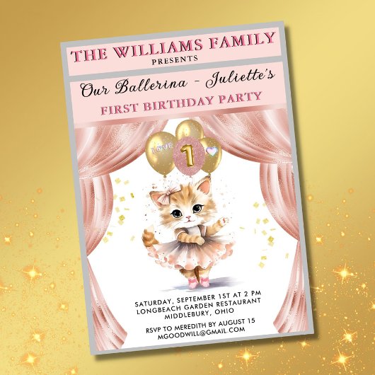 Invitation Charming Dancing Kitten Photo First Birthday Girl