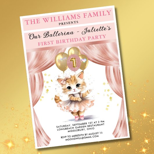 Invitation Charming Dancing Kitten Photo First Birthday Girl