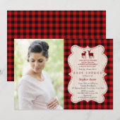 Invitation Charming Deer Red Buffalo Plaid Photo Baby shower (Devant / Derrière)