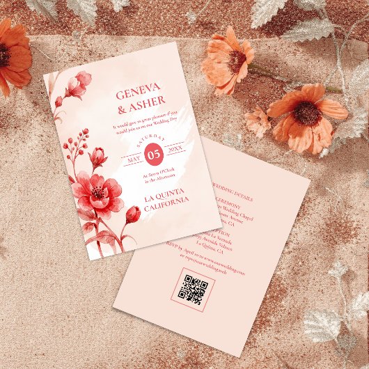 Invitation Charming Delicate Flowers Juicy Red Pink Wedding