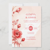 Invitation Charming Delicate Flowers Juicy Red Pink Wedding (Devant)