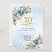 Invitation Charming dusty blue florals gold frame 70th bday (Devant)