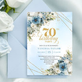 Invitation Charming dusty blue florals gold frame 70th bday