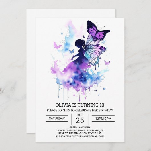 Invitation Charming Editable Fairy Anniversaire (Devant / Derrière)