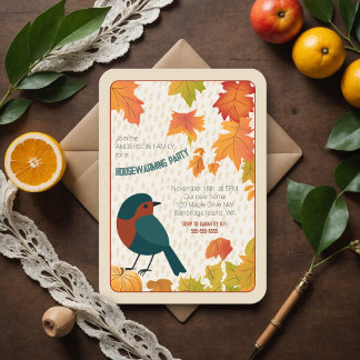 Invitation Charming Fall Housewarming Leaves Minimalist Bird