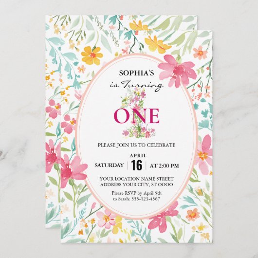 Invitation Charming Floral Premier anniversaire (Devant / Derrière)