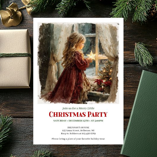 Invitation Charming girl awaits Santa editable Christmas 