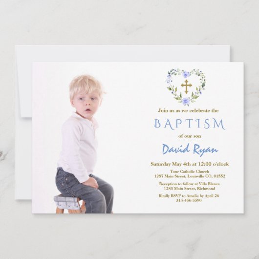 Invitation Charming Gold Cross Floral Boy Photo Baptême (Devant)