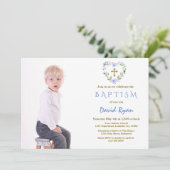 Invitation Charming Gold Cross Floral Boy Photo Baptême (Debout devant)