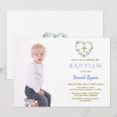 Invitation Charming Gold Cross Floral Boy Photo Baptême (Devant / Derrière)