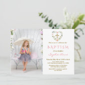 Invitation Charming Gold Cross Floral Girl Photo Baptism (Debout devant)