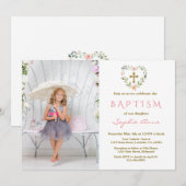 Invitation Charming Gold Cross Floral Girl Photo Baptism (Devant / Derrière)