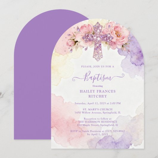 Invitation Charming Lavender Glitter Floral Cross Baptism (Devant / Derrière)