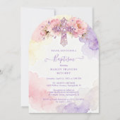Invitation Charming Lavender Glitter Floral Cross Baptism (Devant)