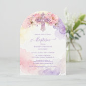 Invitation Charming Lavender Glitter Floral Cross Baptism (Debout devant)