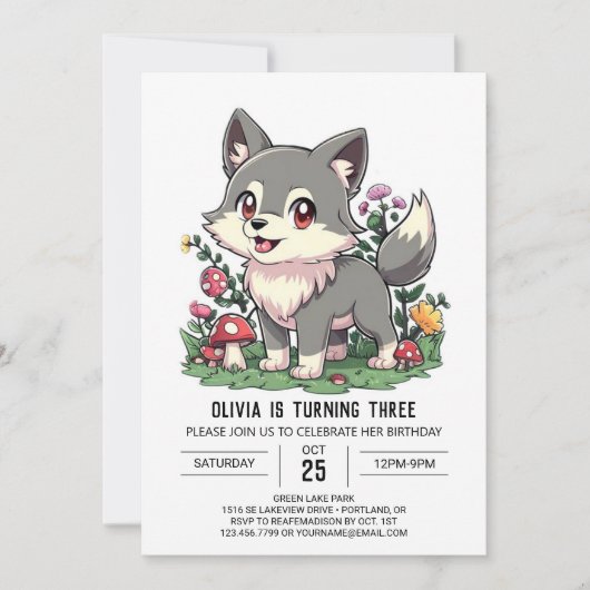 Invitation Charming mignon loup numérique anniversaire (Devant)