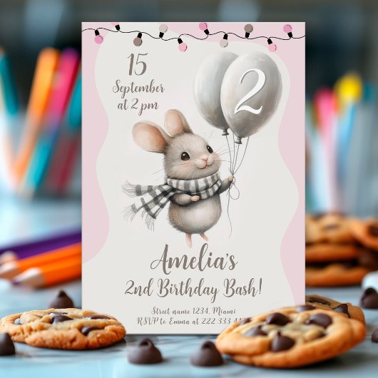 Invitation Charming Mouse Balloons 2e fête d'anniversaire