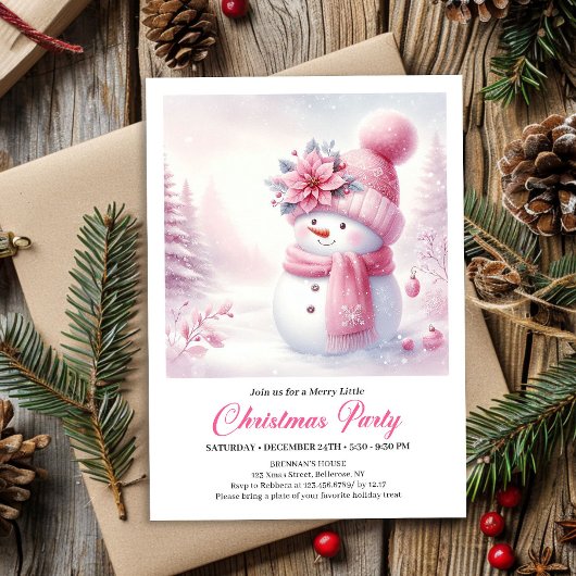 Invitation Charming Pink Snowman Kids Editable Christmas