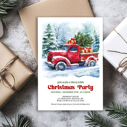 Invitation Charming red truck Christmas scene rustic invites