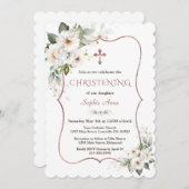 Invitation Charming Rose or blanc crème Fleurs Christening (Devant / Derrière)