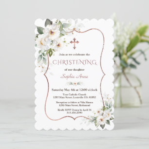 Invitation Charming Rose or blanc crème Fleurs Christening