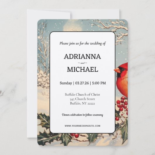 Invitation Charming Seasonal Wedding Featuring Red Cardinal (Devant)