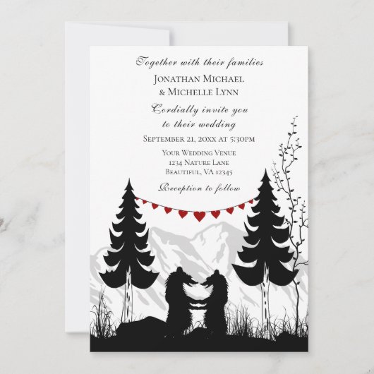 Invitation Charming Silhouette Mountain Bear Couple Mariage (Devant)