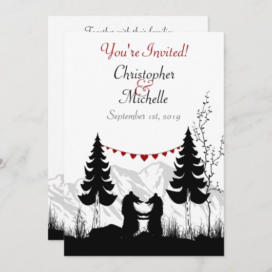 Invitation Charming Silhouette Mountain Bear Couple Mariage (Devant / Derrière)