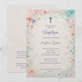Invitation Charming Soft Botanical Floral Frame Baptism (Devant / Derrière)