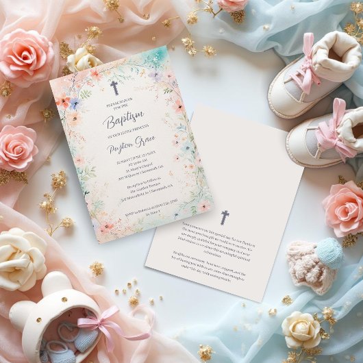 Invitation Charming Soft Botanical Floral Frame Baptism