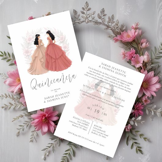 Invitation Charming Spanish Dusty Pink Shades XVs Twins
