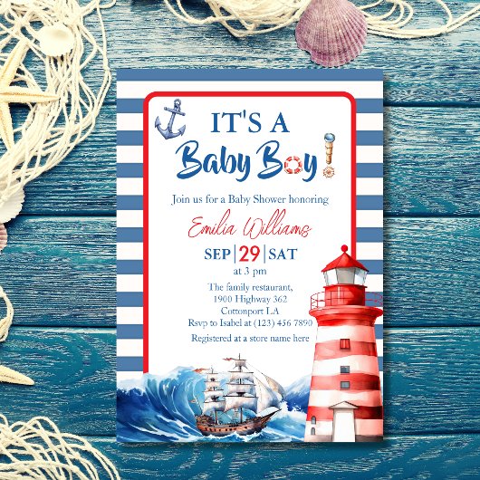 Invitation Charming Striped Blue Red Nautical Ahoy Baby Boy