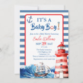 Invitation Charming Striped Blue Red Nautical Ahoy Baby Boy (Devant)