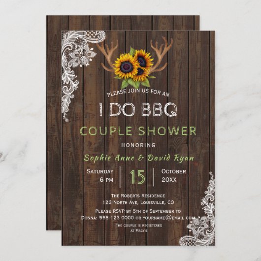 Invitation Charming Sunflowers Antlers I DO BBQ Couple Douche (Devant / Derrière)
