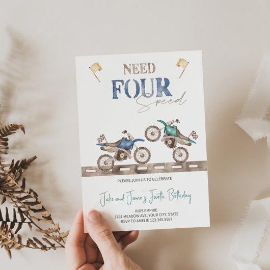 Invitation Charming Twins Dirt Vélo 4e anniversaire Invitatio