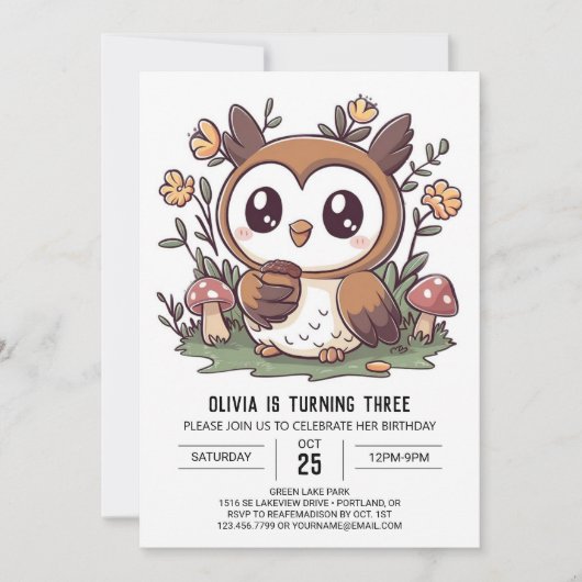 Invitation Charming Whimsical Digital Owthday (Devant)