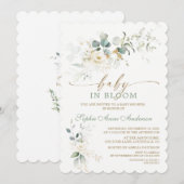 Invitation Charming White Floral Airy Leaves Baby in Bloom (Devant / Derrière)