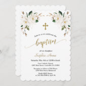 Invitation Charming White Magnolia Gold Baptême Calligraphie (Devant / Derrière)