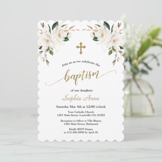 Invitation Charming White Magnolia Gold Baptême Calligraphie (Debout devant)